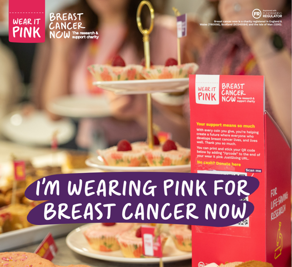 An image to share on social media with a cake stand full of cupcakes in the background, and text that says I'm wearing pink for Breast Cancer Now