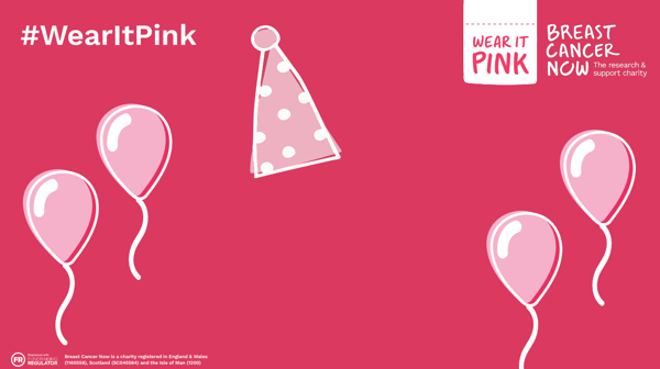 A pink background for your video call with pink balloons, a party hat, and #WearItPink