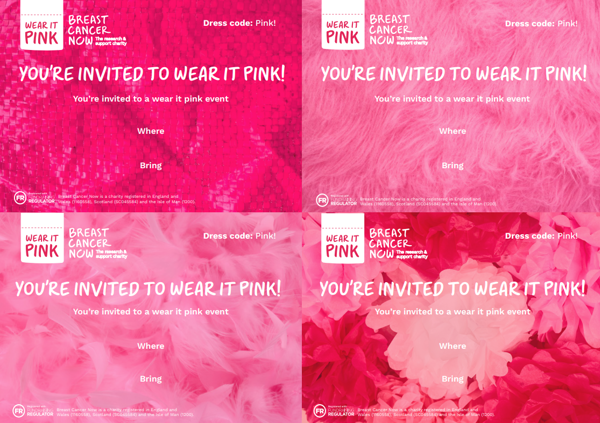4 event invitations with different pink backgrounds. They say You're invited to wear it pink, with a box to add the location and a box to add items guests should bring.