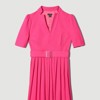 Product photo of a bright pink v-neck short sleeved dress with a belt and pleated skirt