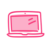 An icon image, basically drawn, of a laptop with the screen on. The drawing is pink and red. 2 red lines denote that the screen is on.