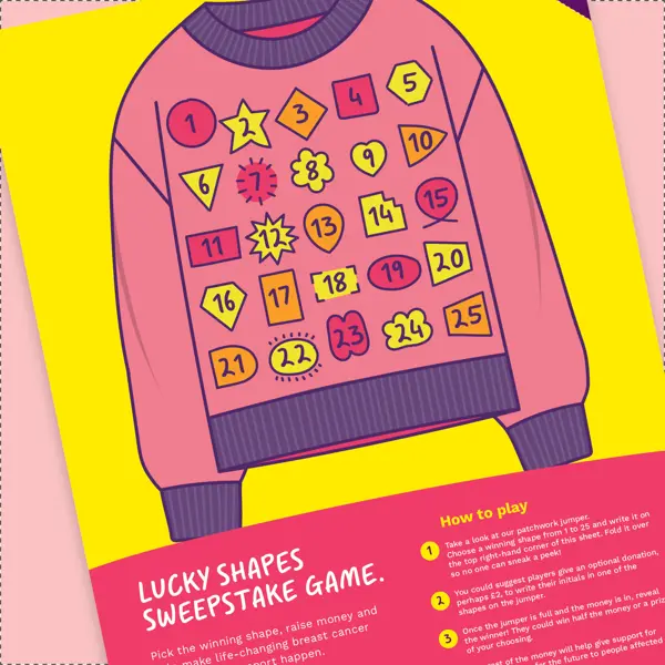 Thumbnail shows a snippet of the sweepstakes poster showing a cartoon drawing of a jumper with shapes and number on it