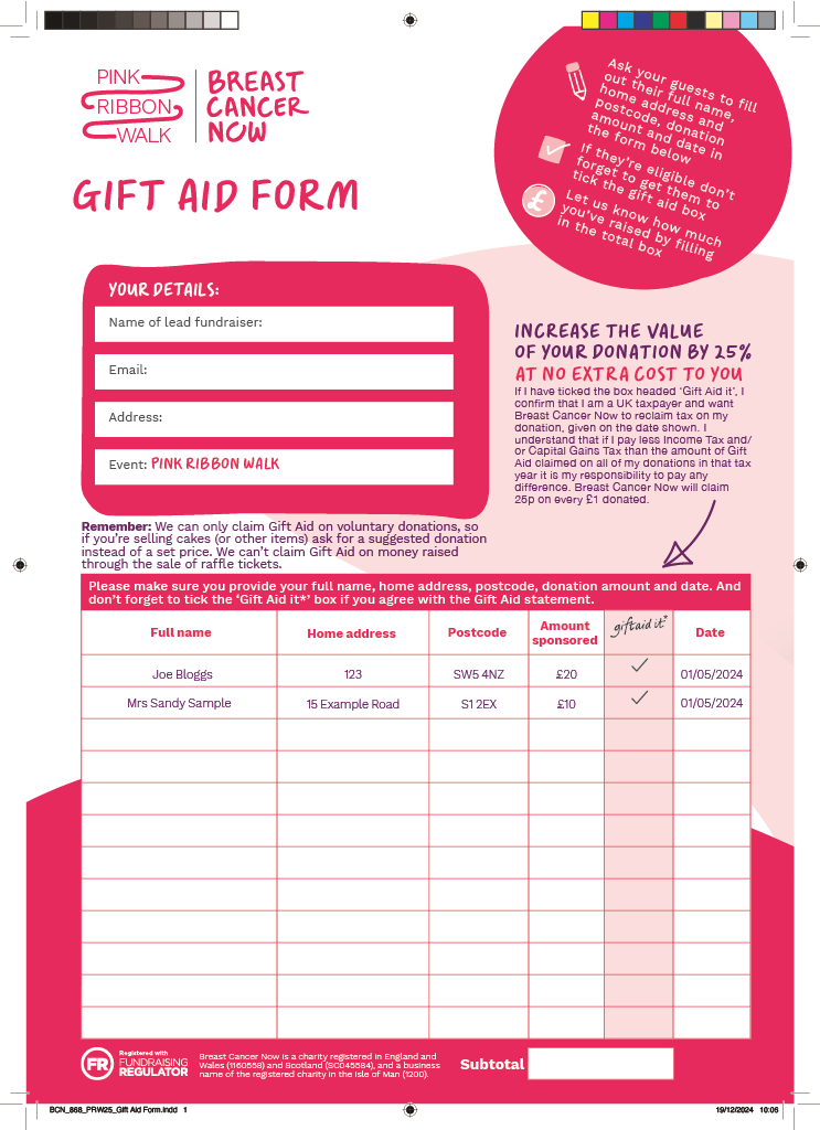 BCN 868 PRW25 Gift Aid Form