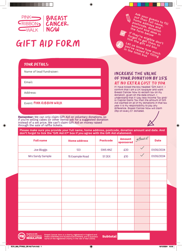 BCN 868 PRW25 Gift Aid Form