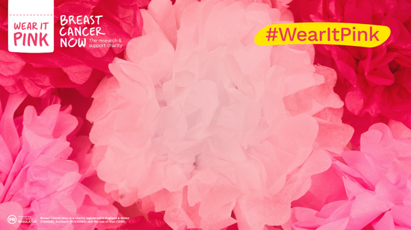 A pink background for your video call with pink pompoms and #WearItPink