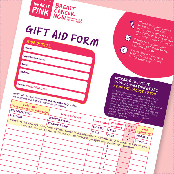 Preview of a the gift aid form which shows a table for you to collect donations and consent to gift aid