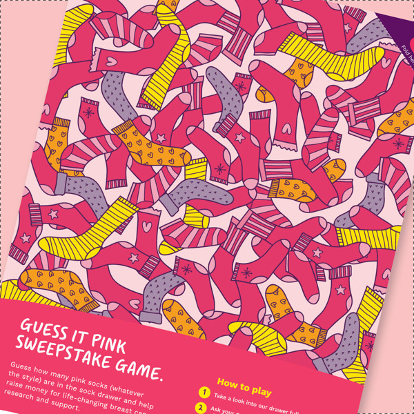 Thumbnail shows a snippet of the sweepstakes poster showing a cartoon drawing of pink socks overlapping each other.
