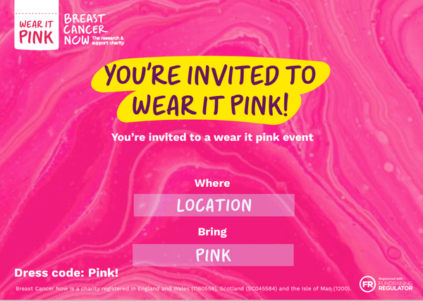 A pink online invitation that says You're invited to wear it pink. There's a box you can fill in for the location and for items for the guests to bring.