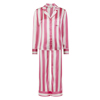 Product photo of a white and pink striped pyjama set with a long sleeved button up shirt and trousers