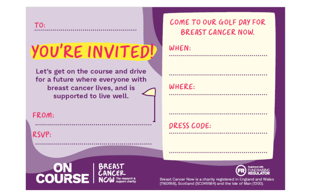 Image of our Golf Day invite card, which includes large lettering in purple on a pink background. It states: 