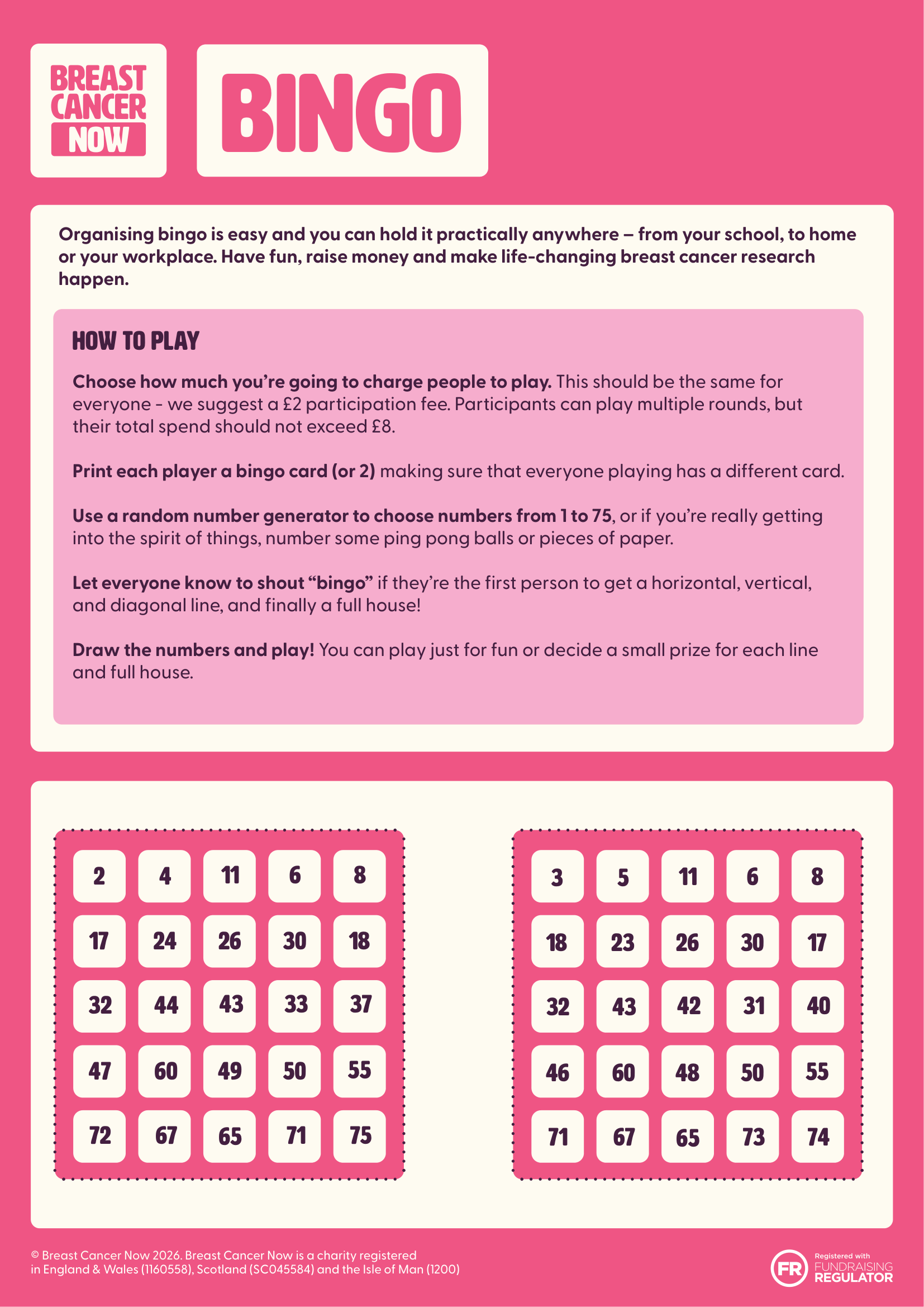 A Breast cancer Now bingo fundraising sheet. There are rules of how to play and 2 empty 5 by 5 grids.
