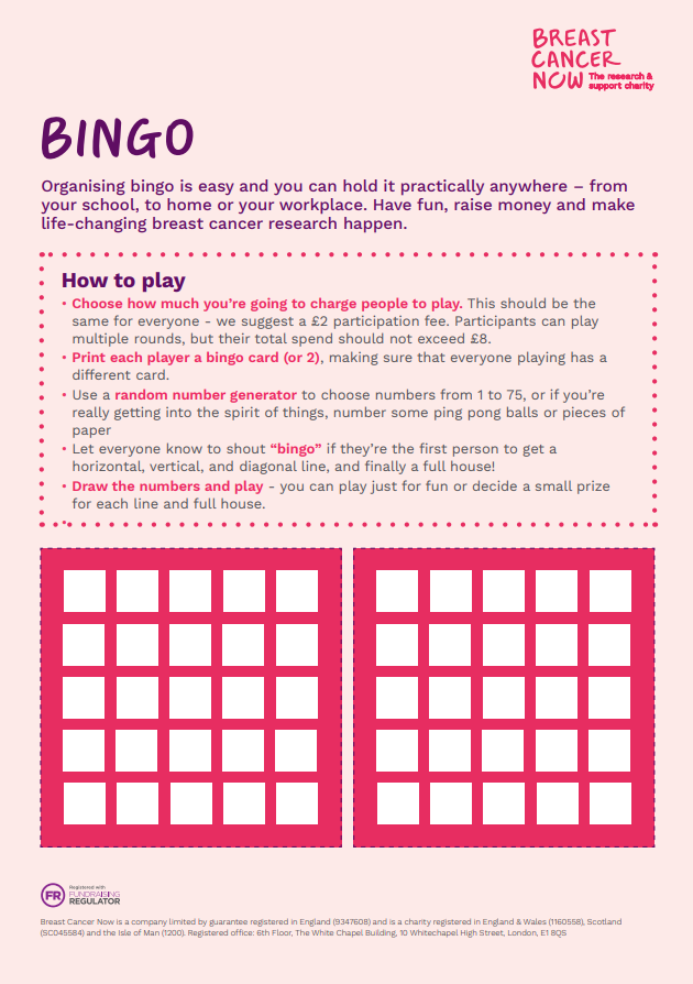 A Breast cancer Now bingo fundraising sheet. There are rule on how to play and 2 empty 5 by 5 grids.