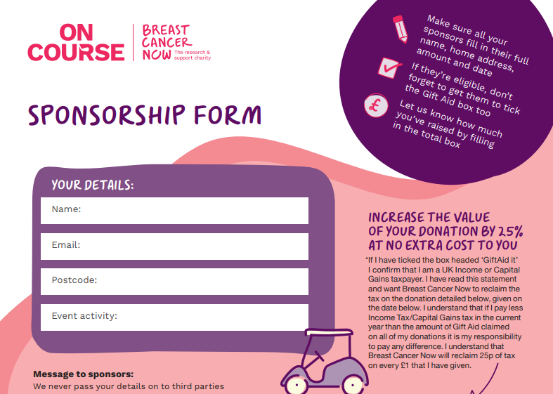 An image of the top half of the Breast Cancer Now golf sponsorship form. The form has a white and pink background, and the main 
