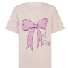 Product photo of a light pink t-shirt with a sketch of a pink bow on it. Handwriting next to the bow reads: "love, Amy Dowden"