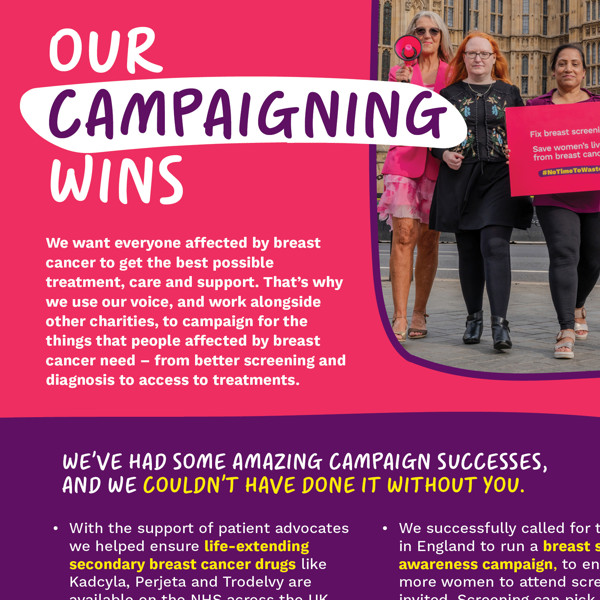Thumbnail showing snippet of a leaflet on our campaigns. The leaflet is pink and purple with a photo of women marching to parliament with megaphones